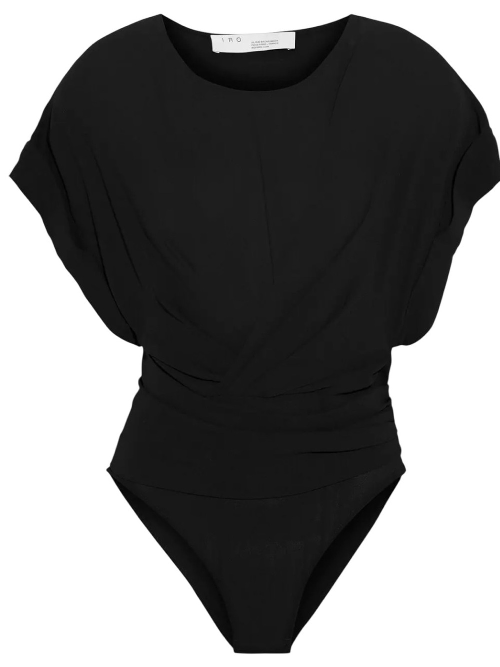 IRO Paris Limana Wrap Crepe Bodysuit Black Draped V Neck Short Sleeve Top FR 32